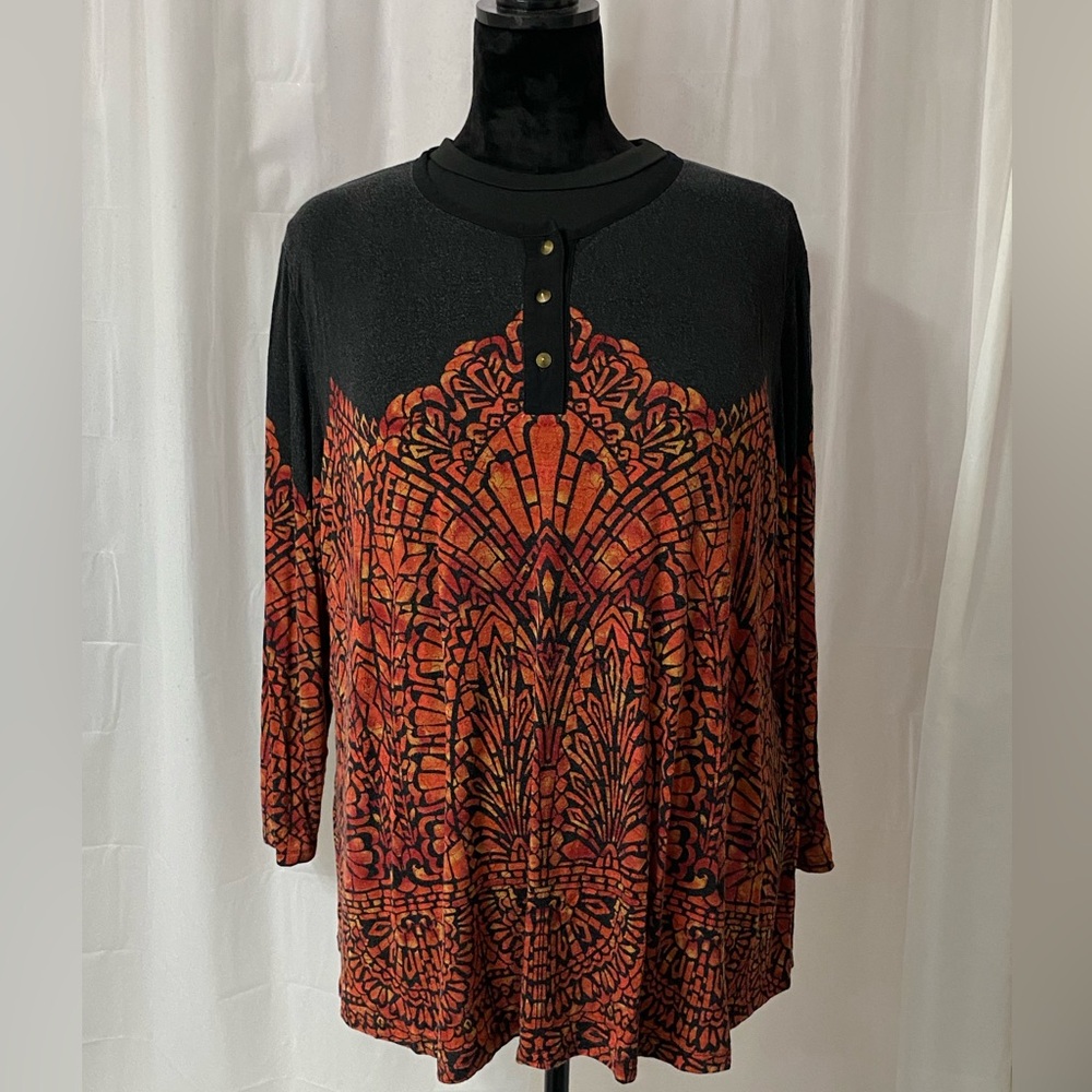 Black and Orange Graphic Tunic with Brass colored metal accents